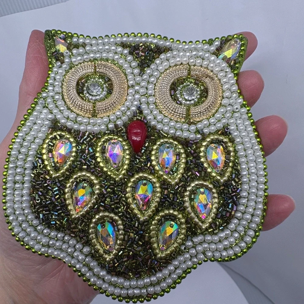 Green Beaded Owl Shaped Notebook Whimsical Iridescent‎ Rhinestone Pearl Journal
